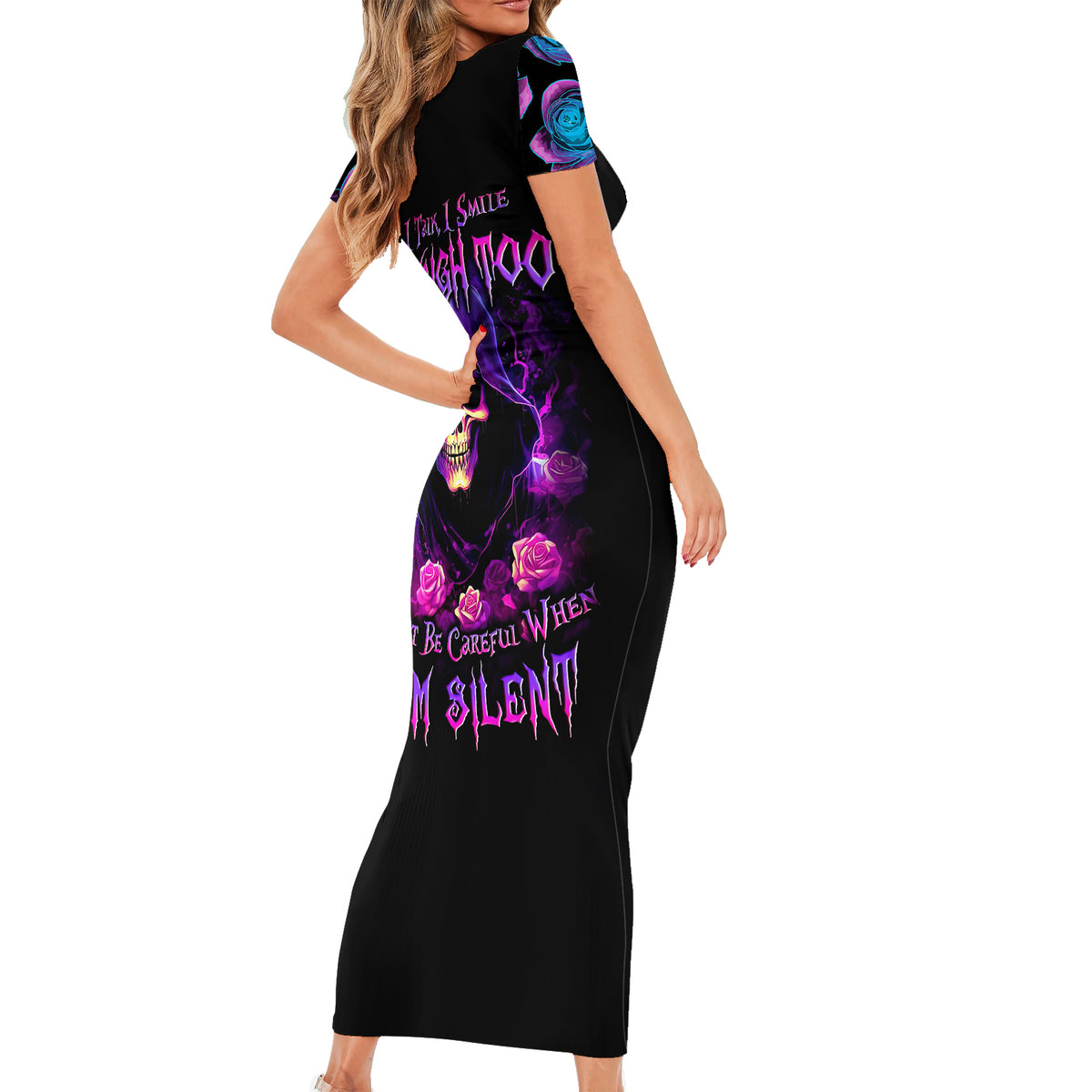 Purple Skull Short Sleeve Bodycon Dress I Talk I Smile But Be Carefull When I SIlent - Wonder Print Shop