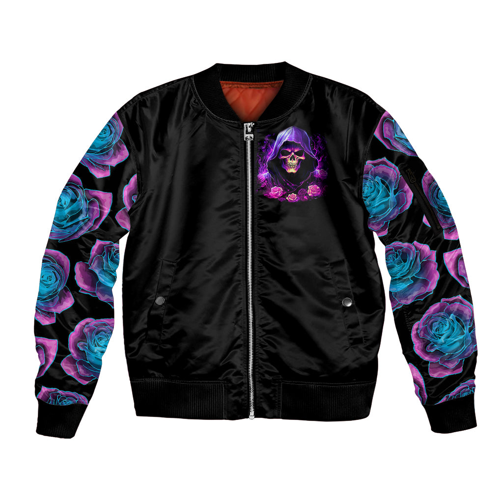 Purple Skull Sleeve Zip Bomber Jacket I Talk I Smile But Be Carefull When I SIlent - Wonder Print Shop