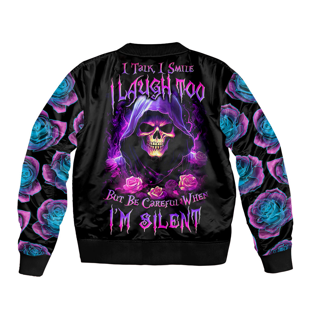 Purple Skull Sleeve Zip Bomber Jacket I Talk I Smile But Be Carefull When I SIlent - Wonder Print Shop