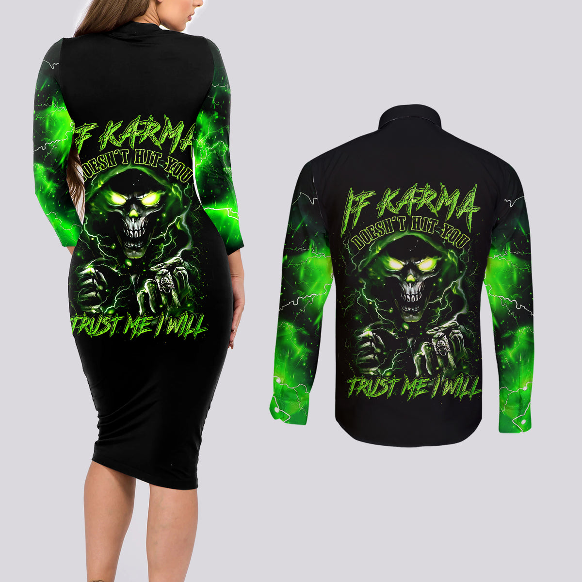Thunder Skull Couples Matching Long Sleeve Bodycon Dress and Long Sleeve Button Shirts If Karma Don't Hit You Trust Me I Will - Wonder Print Shop