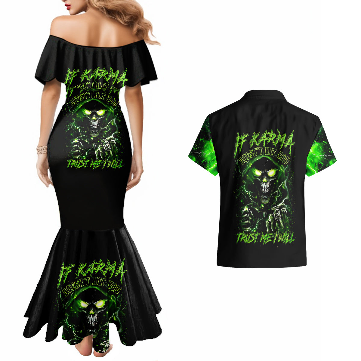 Thunder Skull Couples Matching Mermaid Dress and Hawaiian Shirt If Karma Don't Hit You Trust Me I Will - Wonder Print Shop