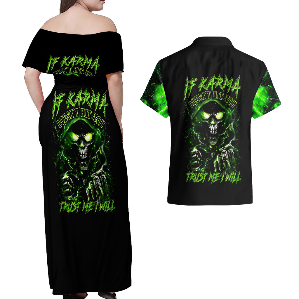 Thunder Skull Couples Matching Off Shoulder Maxi Dress and Hawaiian Shirt If Karma Don't Hit You Trust Me I Will - Wonder Print Shop
