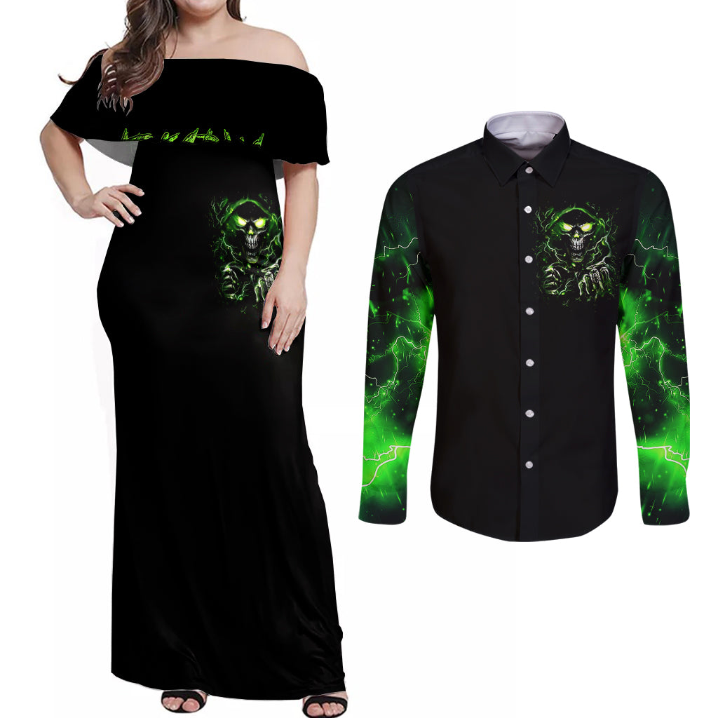 Thunder Skull Couples Matching Off Shoulder Maxi Dress and Long Sleeve Button Shirts If Karma Don't Hit You Trust Me I Will - Wonder Print Shop