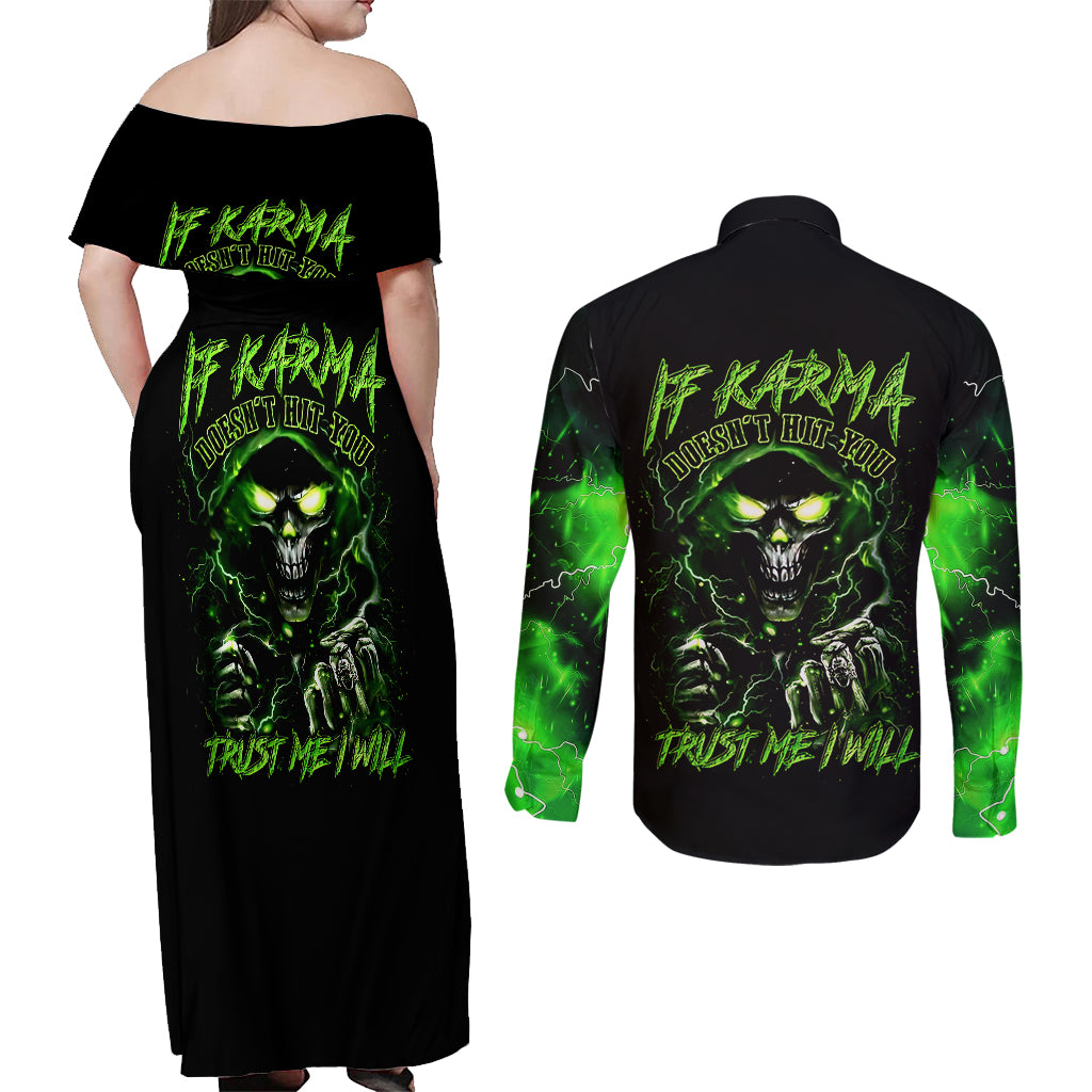 Thunder Skull Couples Matching Off Shoulder Maxi Dress and Long Sleeve Button Shirts If Karma Don't Hit You Trust Me I Will - Wonder Print Shop