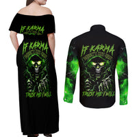 Thunder Skull Couples Matching Off Shoulder Maxi Dress and Long Sleeve Button Shirts If Karma Don't Hit You Trust Me I Will - Wonder Print Shop