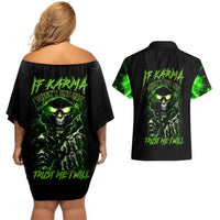 Thunder Skull Couples Matching Off Shoulder Short Dress and Hawaiian Shirt If Karma Don't Hit You Trust Me I Will - Wonder Print Shop