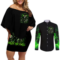 Thunder Skull Couples Matching Off Shoulder Short Dress and Long Sleeve Button Shirts If Karma Don't Hit You Trust Me I Will - Wonder Print Shop