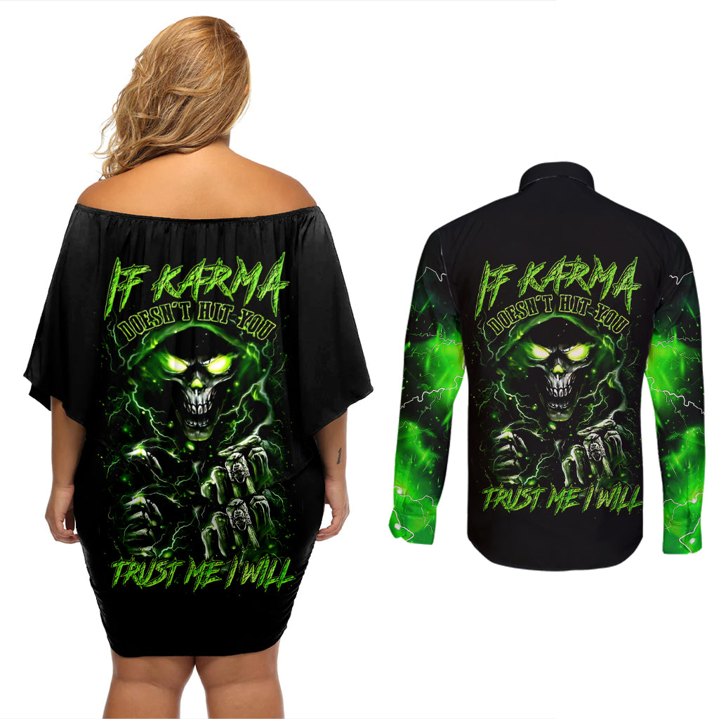 Thunder Skull Couples Matching Off Shoulder Short Dress and Long Sleeve Button Shirts If Karma Don't Hit You Trust Me I Will - Wonder Print Shop
