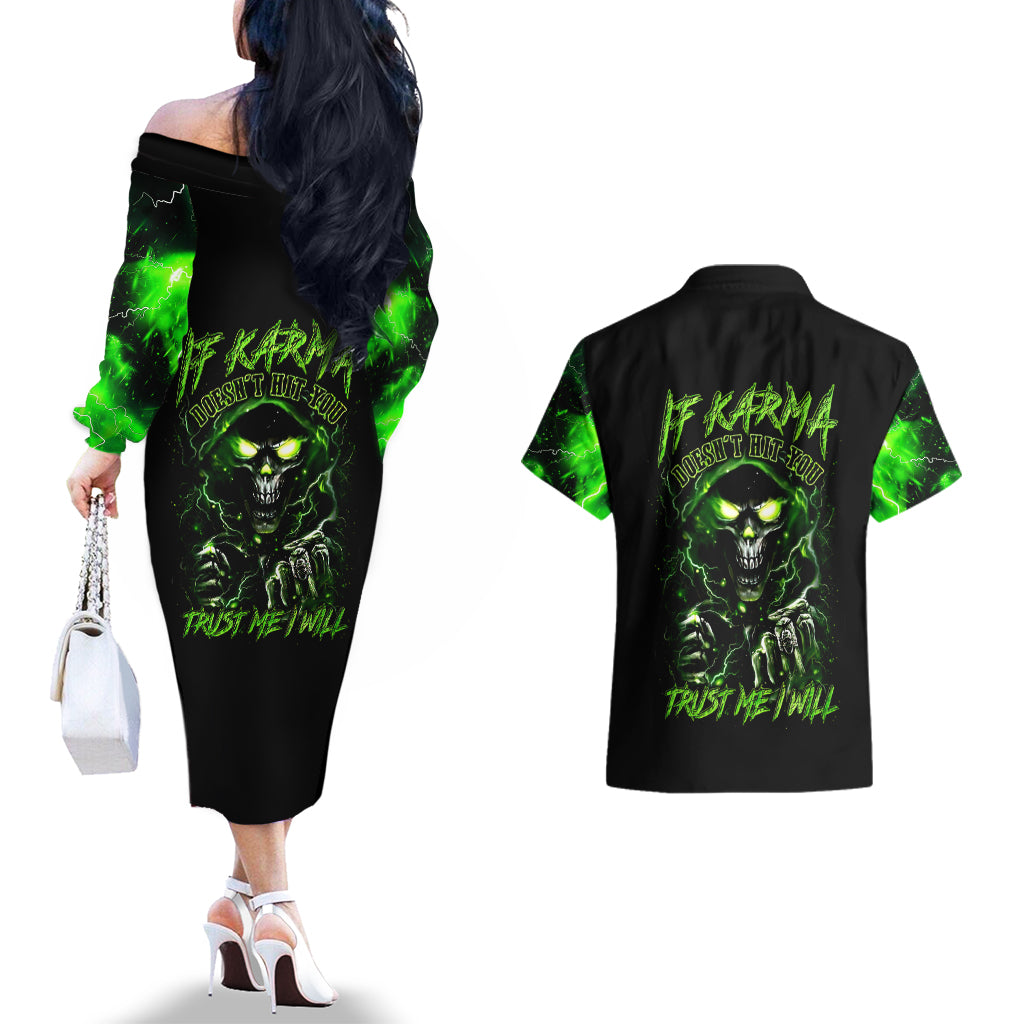 Thunder Skull Couples Matching Off The Shoulder Long Sleeve Dress and Hawaiian Shirt If Karma Don't Hit You Trust Me I Will - Wonder Print Shop