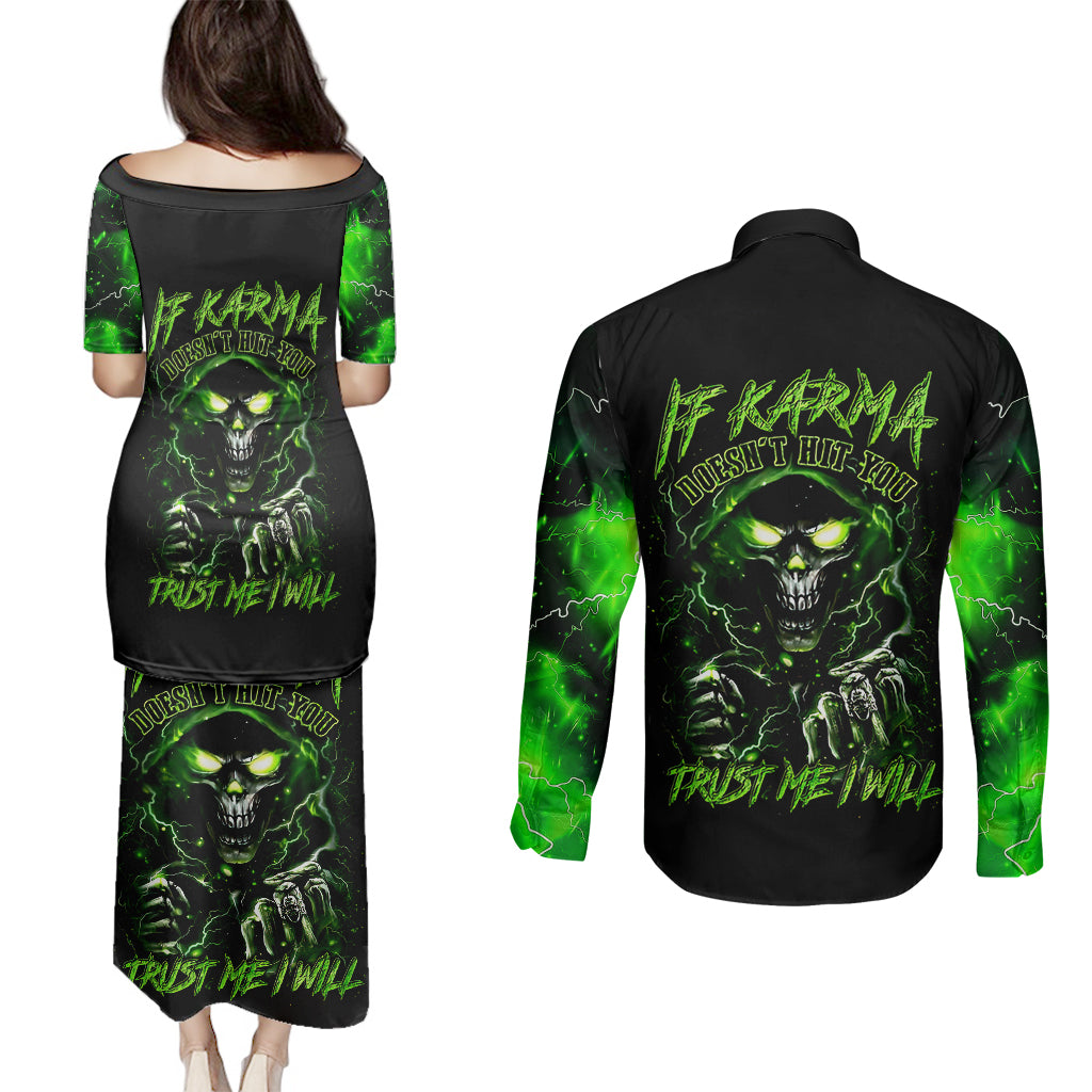Thunder Skull Couples Matching Puletasi Dress and Long Sleeve Button Shirts If Karma Don't Hit You Trust Me I Will - Wonder Print Shop