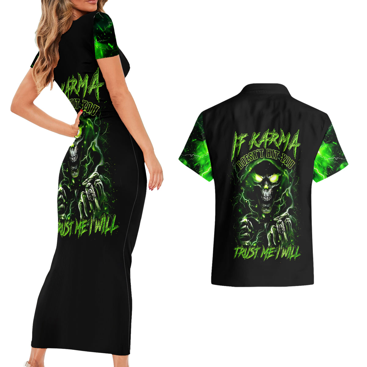 Thunder Skull Couples Matching Short Sleeve Bodycon Dress and Hawaiian Shirt If Karma Don't Hit You Trust Me I Will - Wonder Print Shop