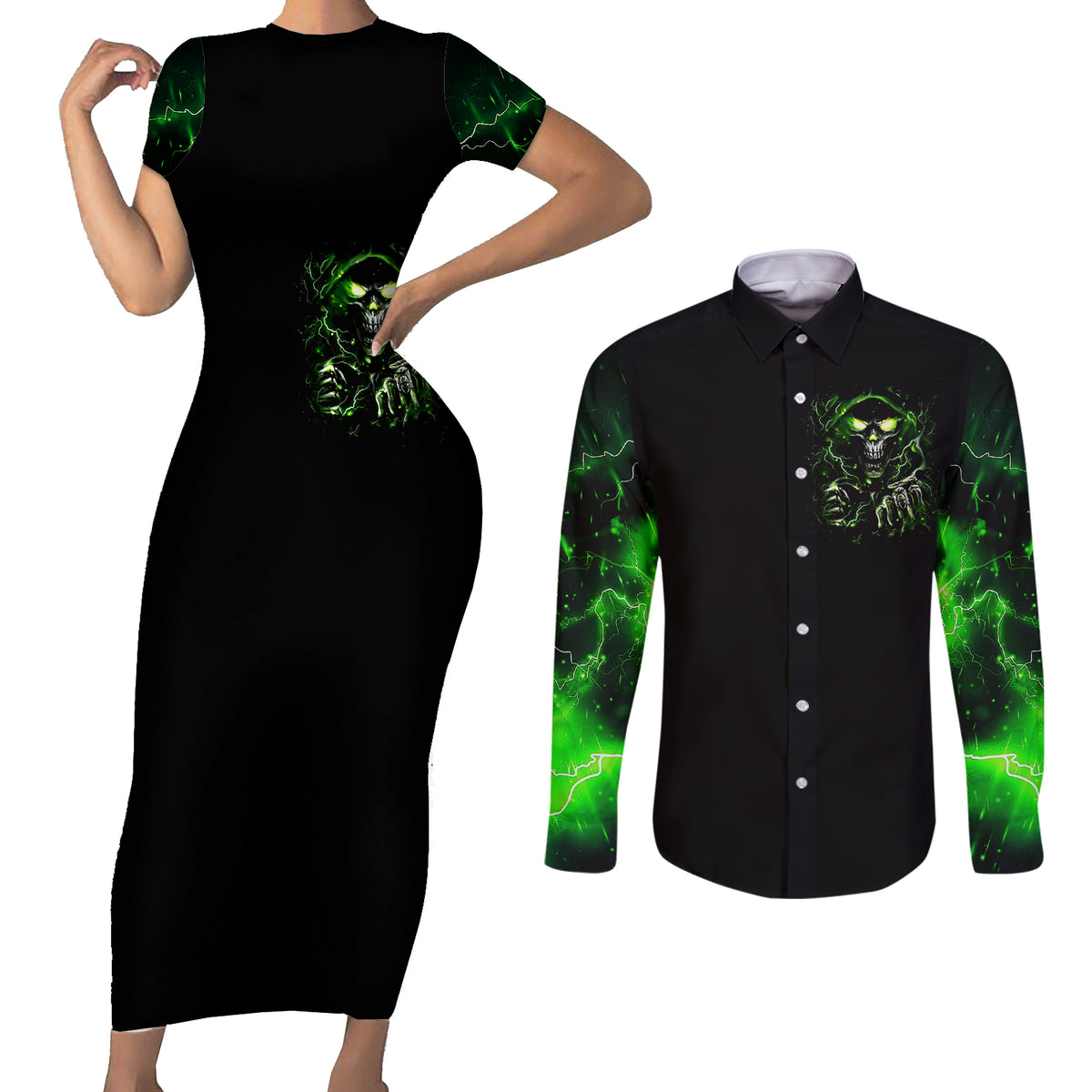 Thunder Skull Couples Matching Short Sleeve Bodycon Dress and Long Sleeve Button Shirts If Karma Don't Hit You Trust Me I Will - Wonder Print Shop