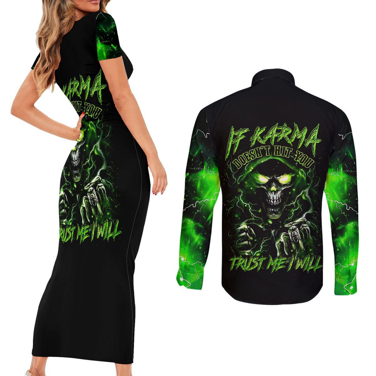 Thunder Skull Couples Matching Short Sleeve Bodycon Dress and Long Sleeve Button Shirts If Karma Don't Hit You Trust Me I Will - Wonder Print Shop