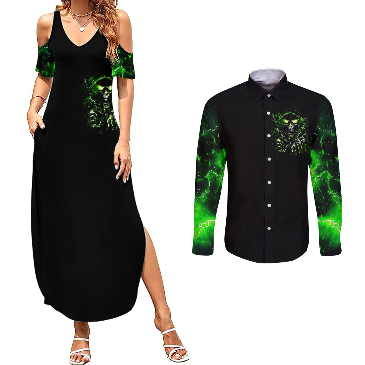 Thunder Skull Couples Matching Summer Maxi Dress and Long Sleeve Button Shirts If Karma Don't Hit You Trust Me I Will - Wonder Print Shop
