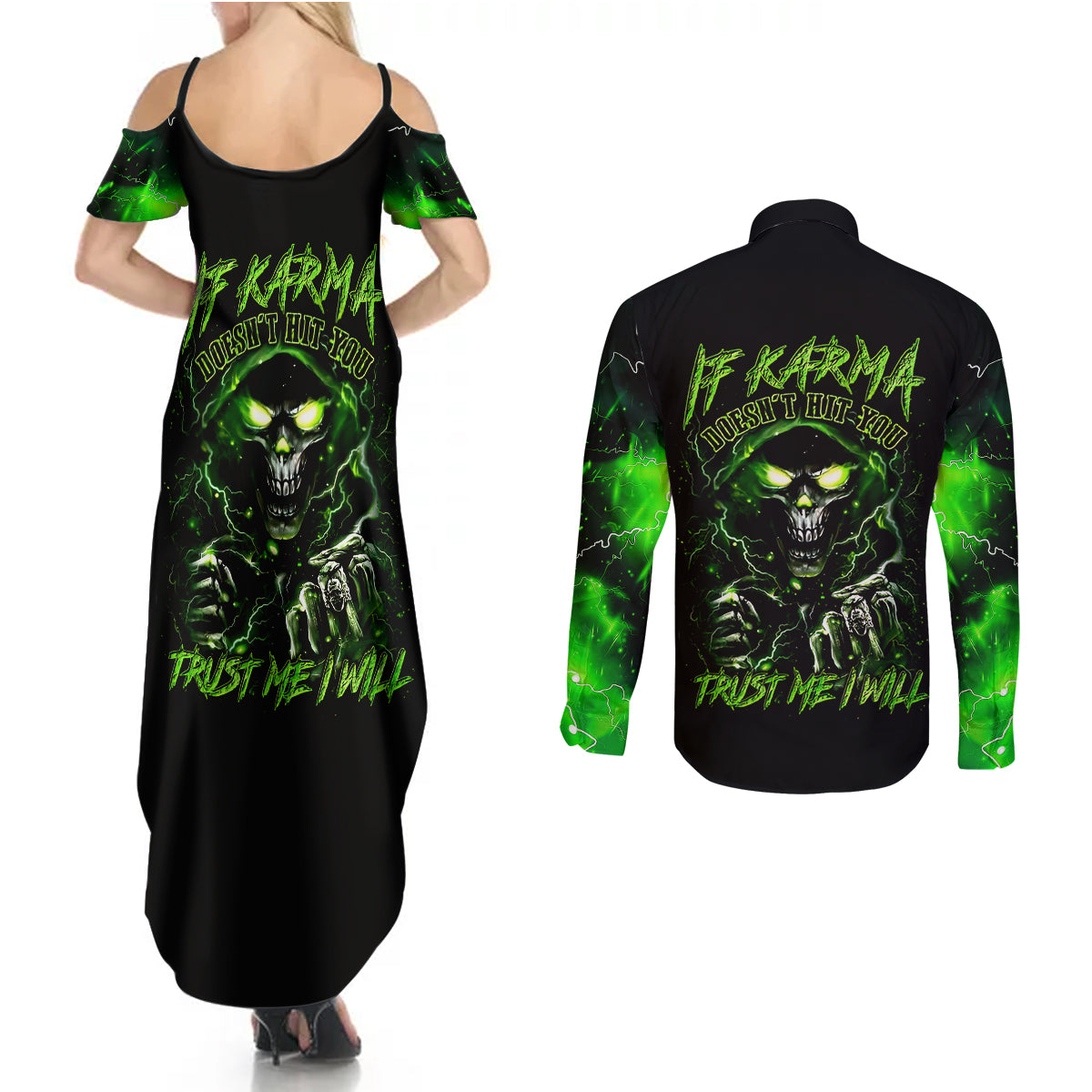 Thunder Skull Couples Matching Summer Maxi Dress and Long Sleeve Button Shirts If Karma Don't Hit You Trust Me I Will - Wonder Print Shop