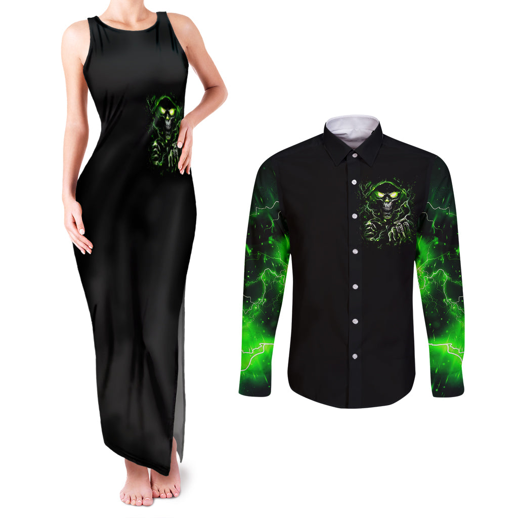 Thunder Skull Couples Matching Tank Maxi Dress and Long Sleeve Button Shirts If Karma Don't Hit You Trust Me I Will - Wonder Print Shop