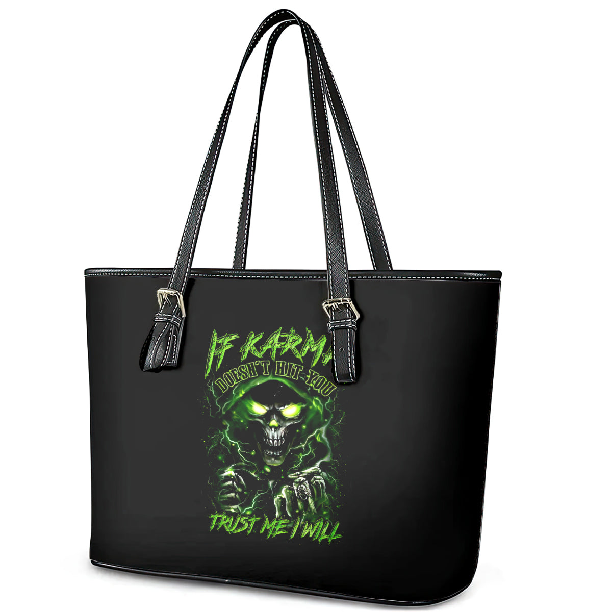 Thunder Skull Leather Tote Bag If Karma Don't Hit You Trust Me I Will - Wonder Print Shop