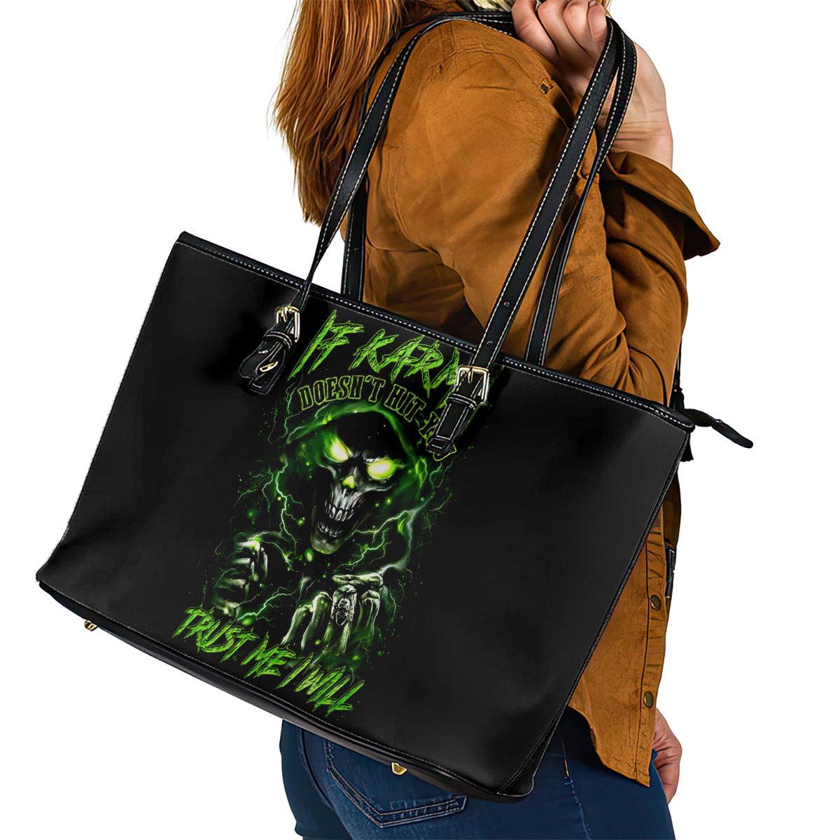 Thunder Skull Leather Tote Bag If Karma Don't Hit You Trust Me I Will - Wonder Print Shop