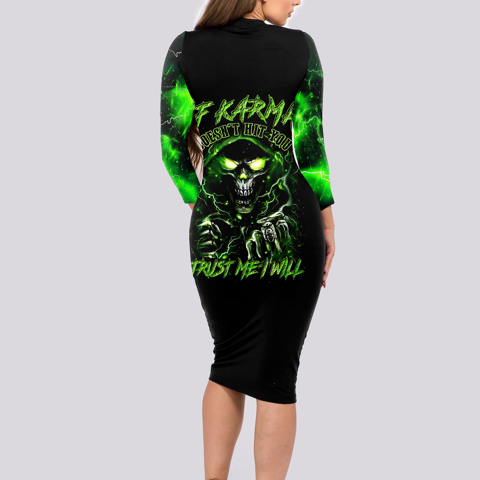 Thunder Skull Long Sleeve Bodycon Dress If Karma Don't Hit You Trust Me I Will - Wonder Print Shop