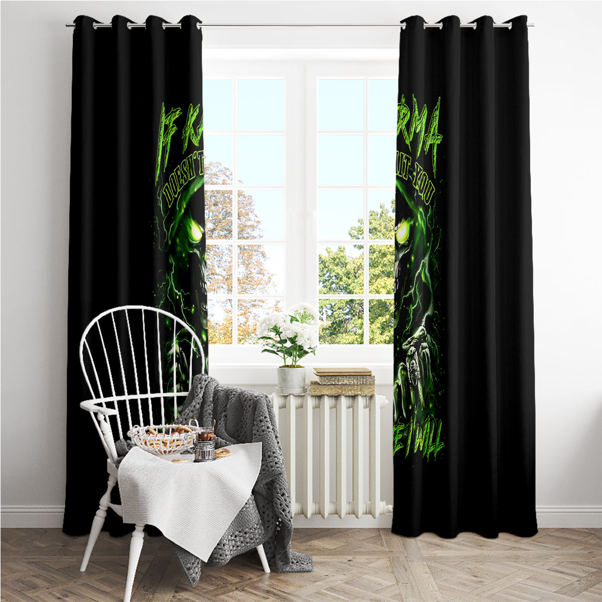 Thunder Skull Window Curtain If Karma Don't Hit You Trust Me I Will - Wonder Print Shop