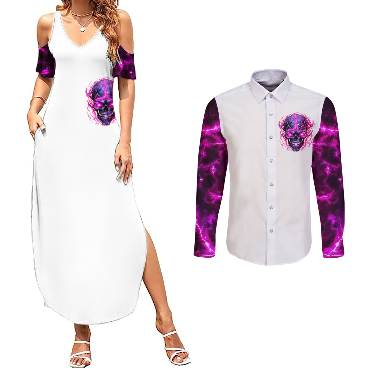 Lighting Skull Couples Matching Summer Maxi Dress and Long Sleeve Button Shirts i'm A Grumpy Old Lady Don't Ask Stupid - Wonder Print Shop