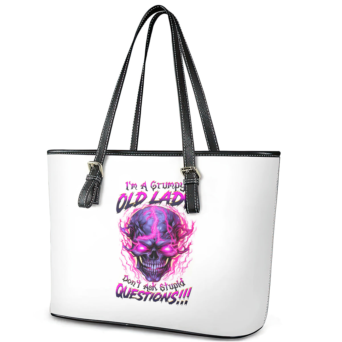 Lighting Skull Leather Tote Bag i'm A Grumpy Old Lady Don't Ask Stupid - Wonder Print Shop