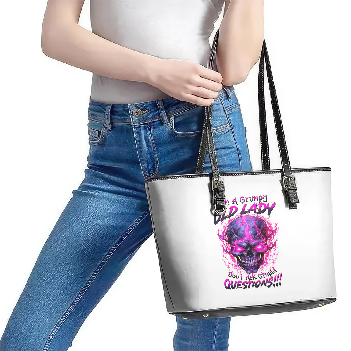 Lighting Skull Leather Tote Bag i'm A Grumpy Old Lady Don't Ask Stupid - Wonder Print Shop