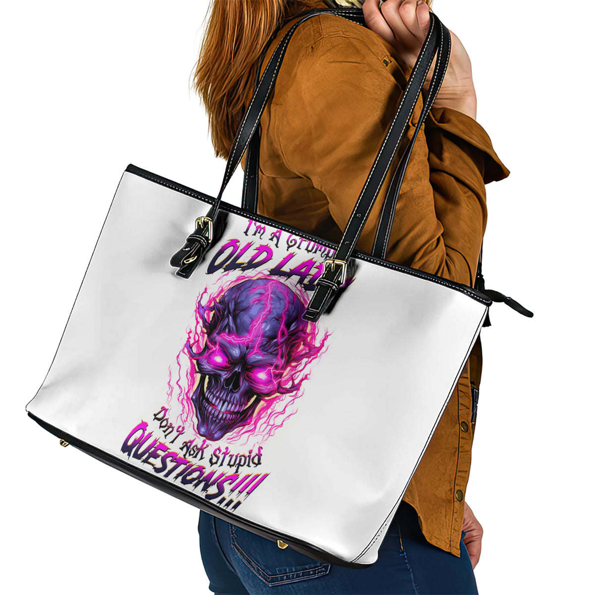 Lighting Skull Leather Tote Bag i'm A Grumpy Old Lady Don't Ask Stupid - Wonder Print Shop