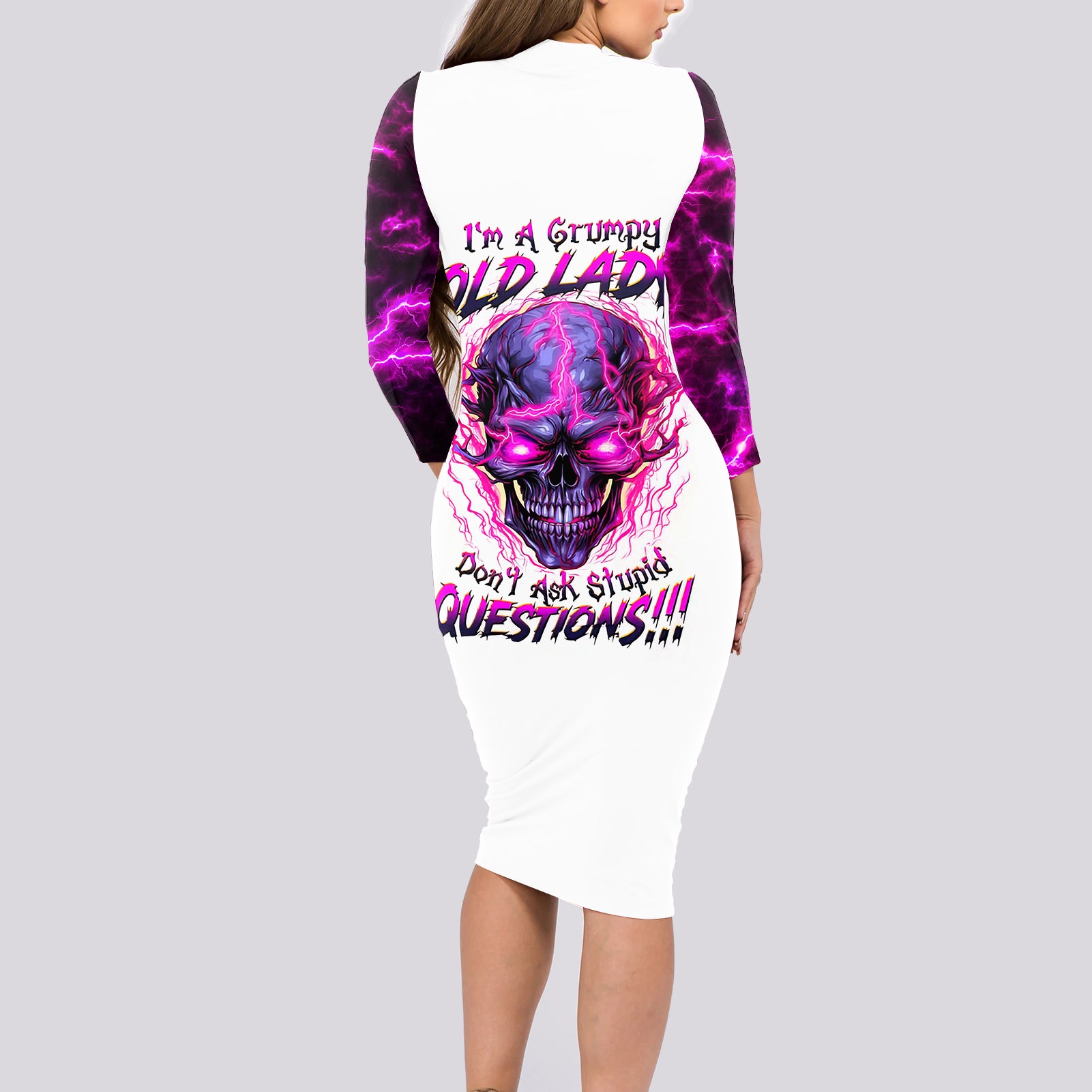 Lighting Skull Long Sleeve Bodycon Dress i'm A Grumpy Old Lady Don't Ask Stupid - Wonder Print Shop