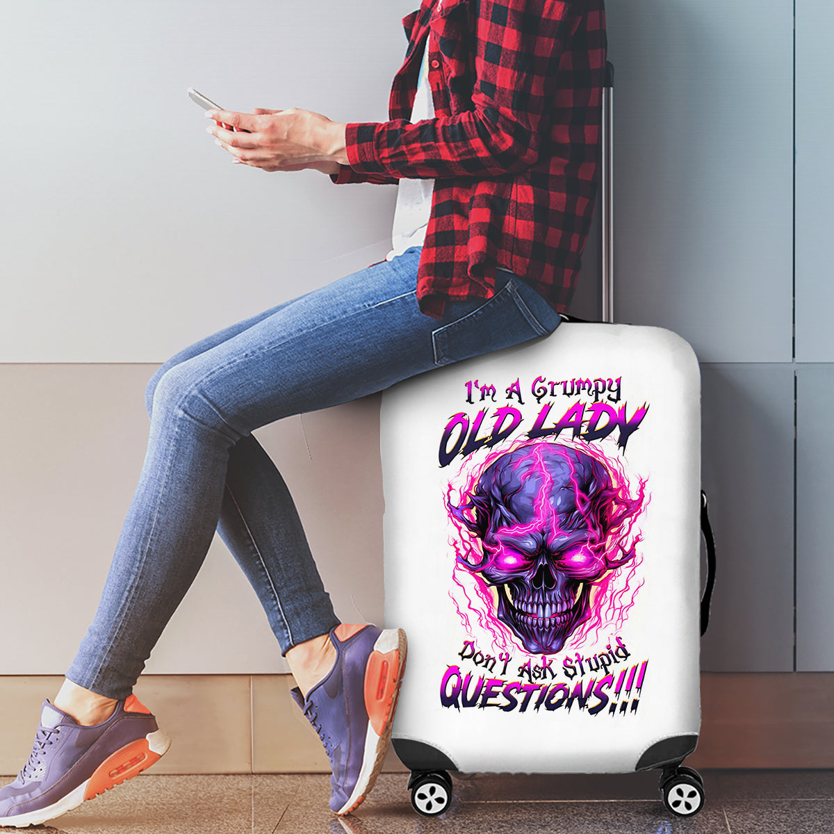 Lighting Skull Luggage Cover i'm A Grumpy Old Lady Don't Ask Stupid - Wonder Print Shop