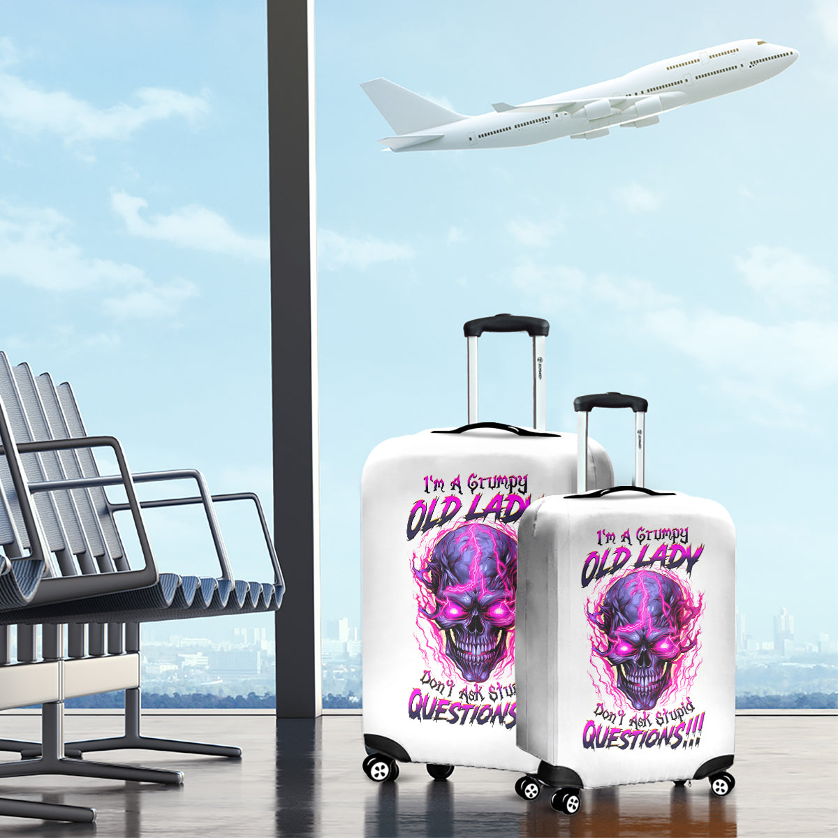 Lighting Skull Luggage Cover i'm A Grumpy Old Lady Don't Ask Stupid - Wonder Print Shop