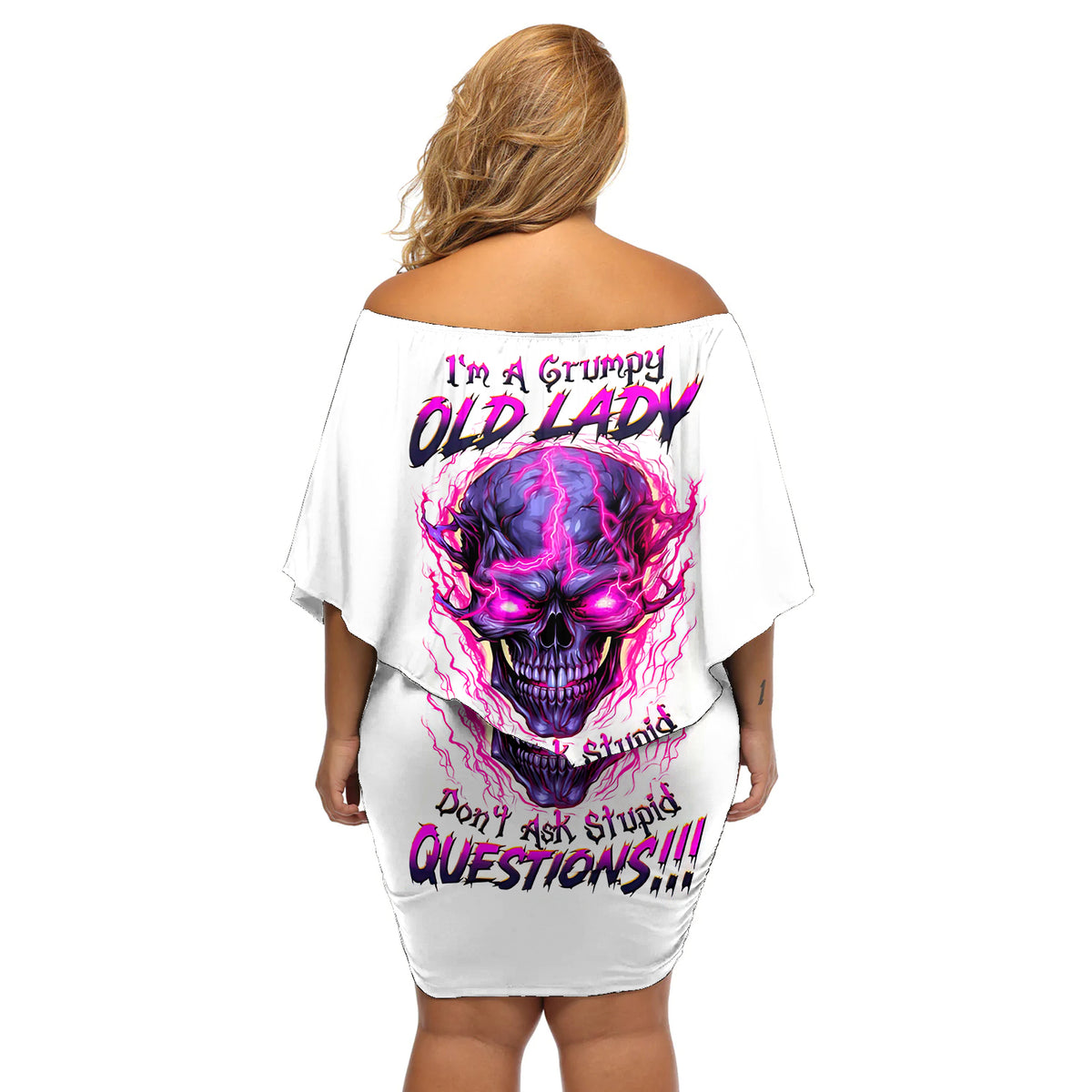 Lighting Skull Off Shoulder Short Dress i'm A Grumpy Old Lady Don't Ask Stupid - Wonder Print Shop