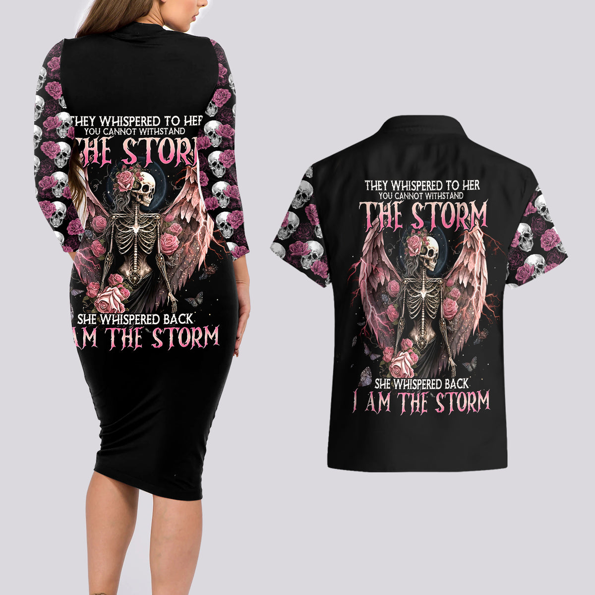 Angel Skull Couples Matching Long Sleeve Bodycon Dress and Hawaiian Shirt She Whispered Back Iam The Storm - Wonder Print Shop