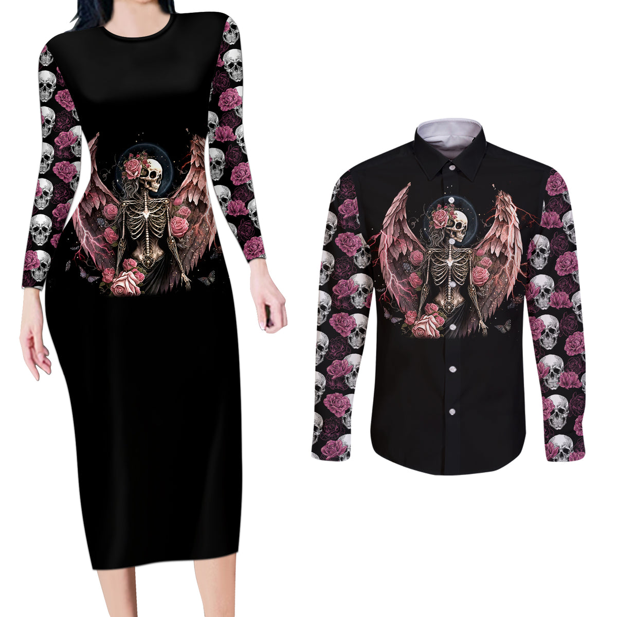 Angel Skull Couples Matching Long Sleeve Bodycon Dress and Long Sleeve Button Shirts She Whispered Back Iam The Storm - Wonder Print Shop