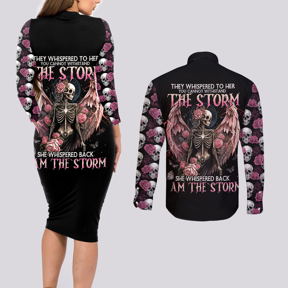 Angel Skull Couples Matching Long Sleeve Bodycon Dress and Long Sleeve Button Shirts She Whispered Back Iam The Storm - Wonder Print Shop