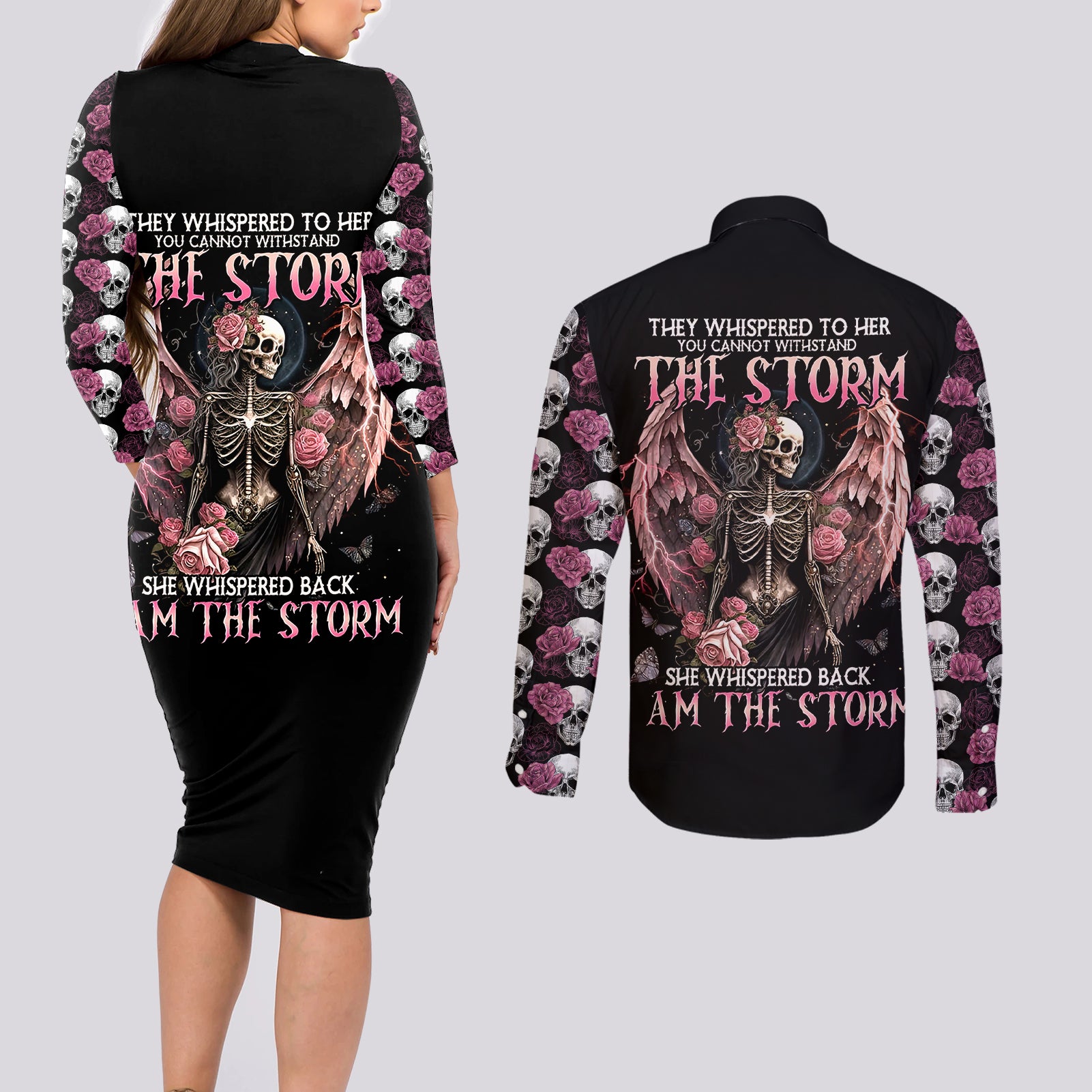 Angel Skull Couples Matching Long Sleeve Bodycon Dress and Long Sleeve Button Shirts She Whispered Back Iam The Storm - Wonder Print Shop