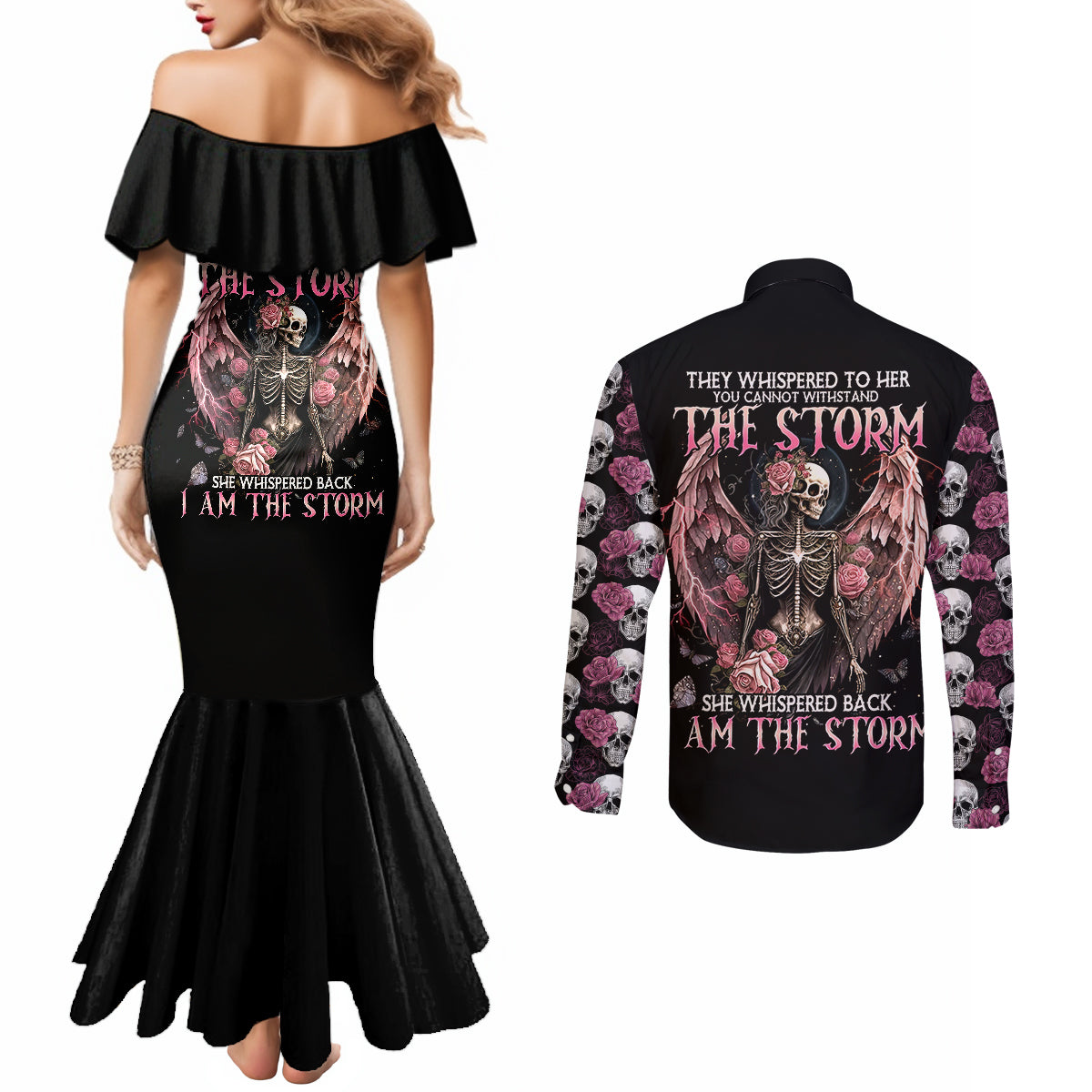 angel-skull-couples-matching-mermaid-dress-and-long-sleeve-button-shirts-she-whispered-back-iam-the-storm