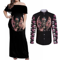 Angel Skull Couples Matching Off Shoulder Maxi Dress and Long Sleeve Button Shirts She Whispered Back Iam The Storm - Wonder Print Shop