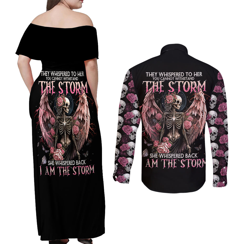 Angel Skull Couples Matching Off Shoulder Maxi Dress and Long Sleeve Button Shirts She Whispered Back Iam The Storm - Wonder Print Shop