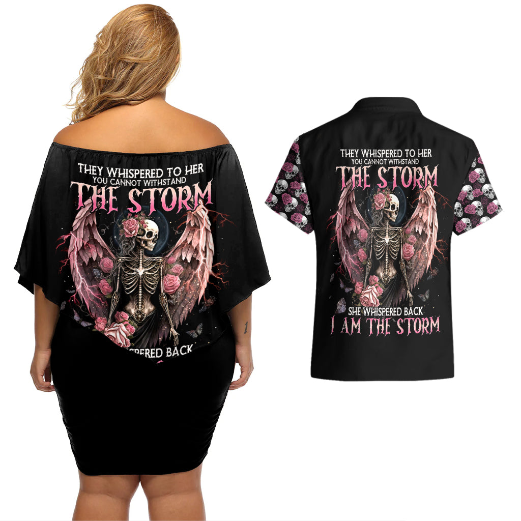 Angel Skull Couples Matching Off Shoulder Short Dress and Hawaiian Shirt She Whispered Back Iam The Storm - Wonder Print Shop
