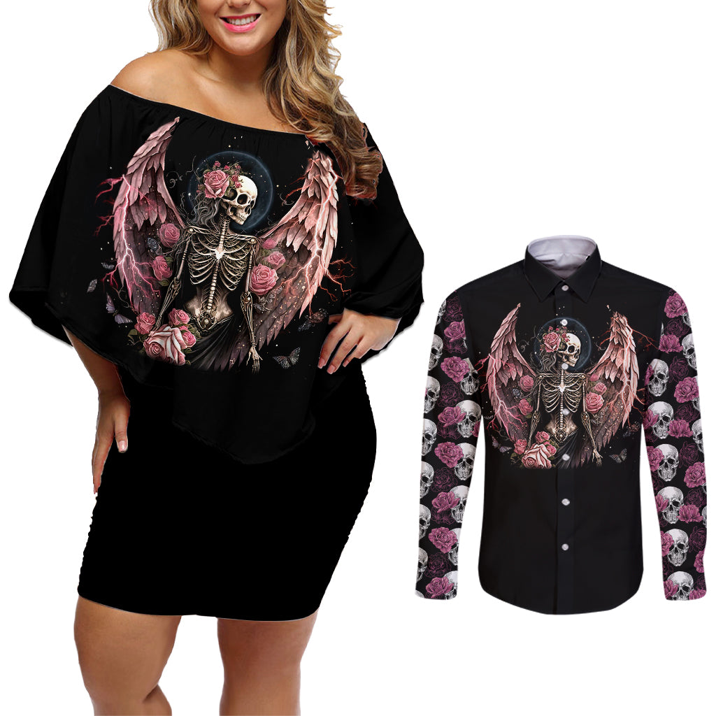 Angel Skull Couples Matching Off Shoulder Short Dress and Long Sleeve Button Shirts She Whispered Back Iam The Storm - Wonder Print Shop