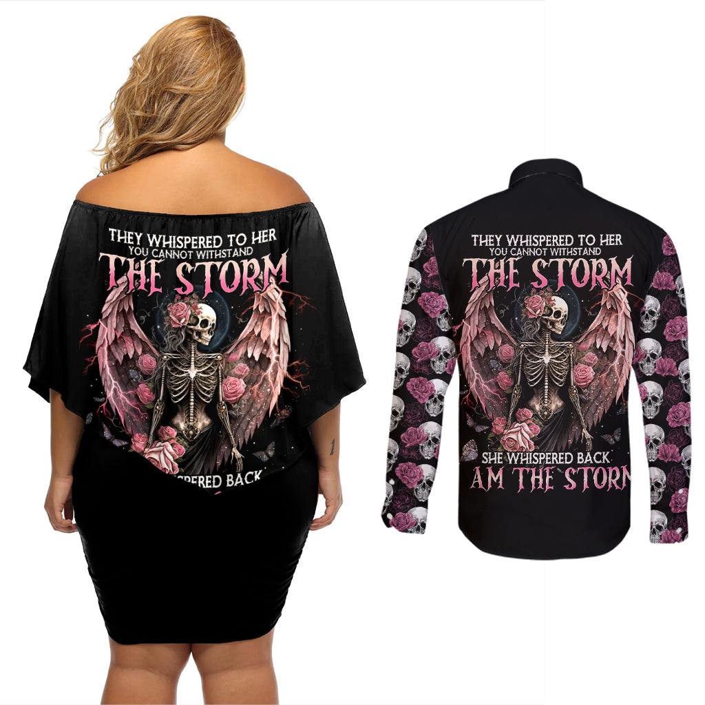 Angel Skull Couples Matching Off Shoulder Short Dress and Long Sleeve Button Shirts She Whispered Back Iam The Storm - Wonder Print Shop