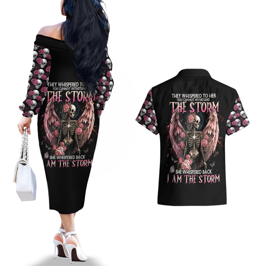 Angel Skull Couples Matching Off The Shoulder Long Sleeve Dress and Hawaiian Shirt She Whispered Back Iam The Storm - Wonder Print Shop