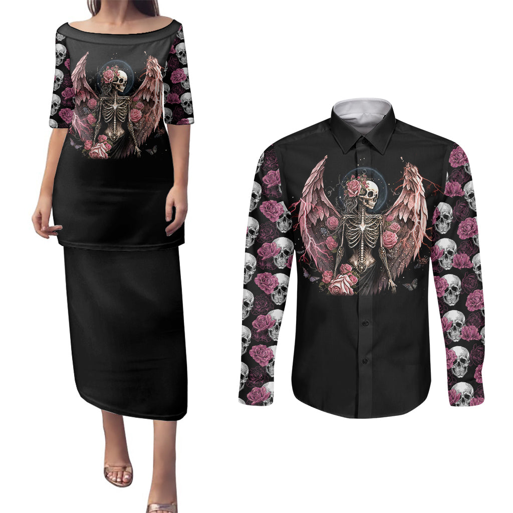 Angel Skull Couples Matching Puletasi Dress and Long Sleeve Button Shirts She Whispered Back Iam The Storm - Wonder Print Shop