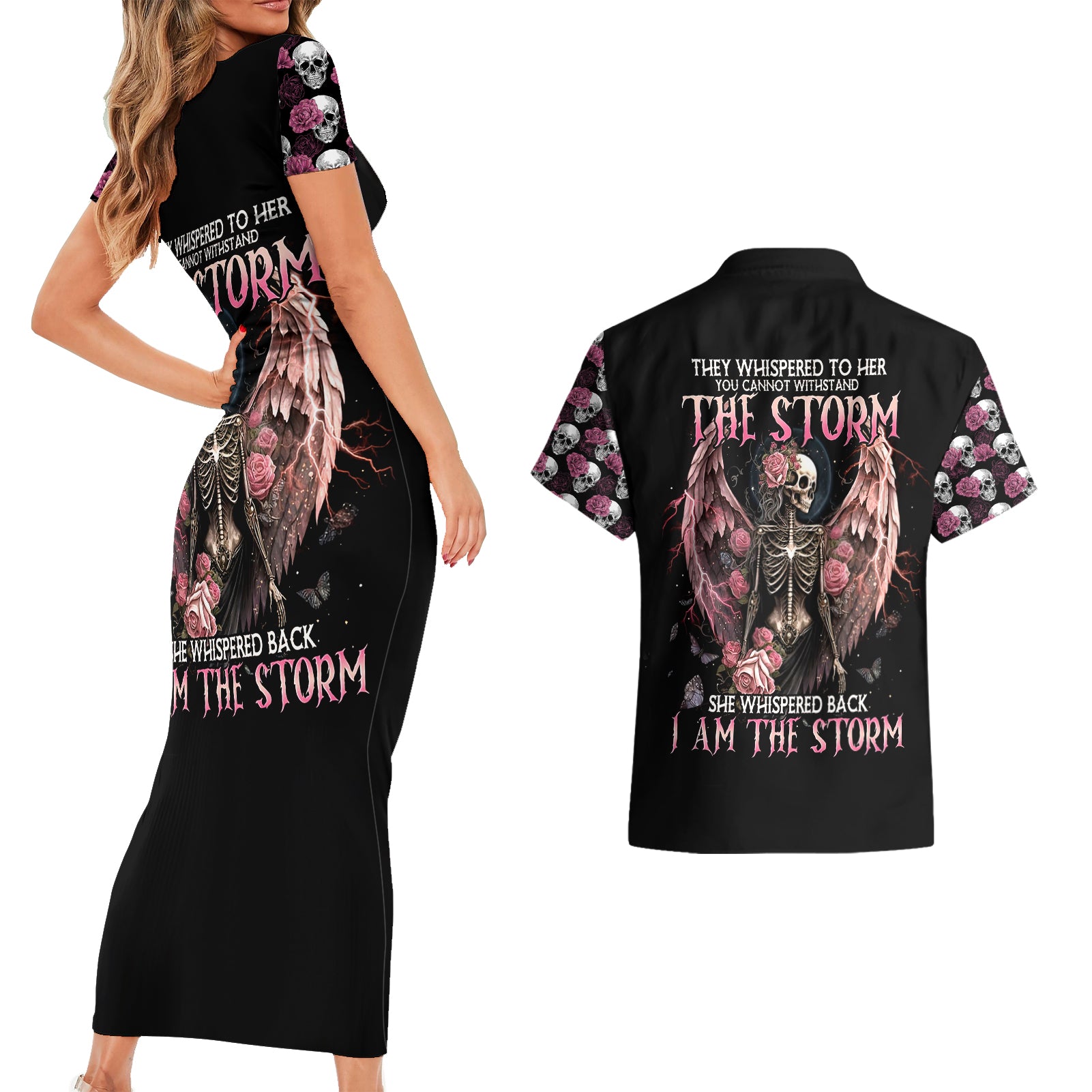 Angel Skull Couples Matching Short Sleeve Bodycon Dress and Hawaiian Shirt She Whispered Back Iam The Storm - Wonder Print Shop