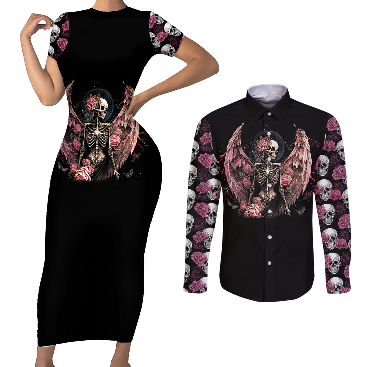 Angel Skull Couples Matching Short Sleeve Bodycon Dress and Long Sleeve Button Shirts She Whispered Back Iam The Storm - Wonder Print Shop