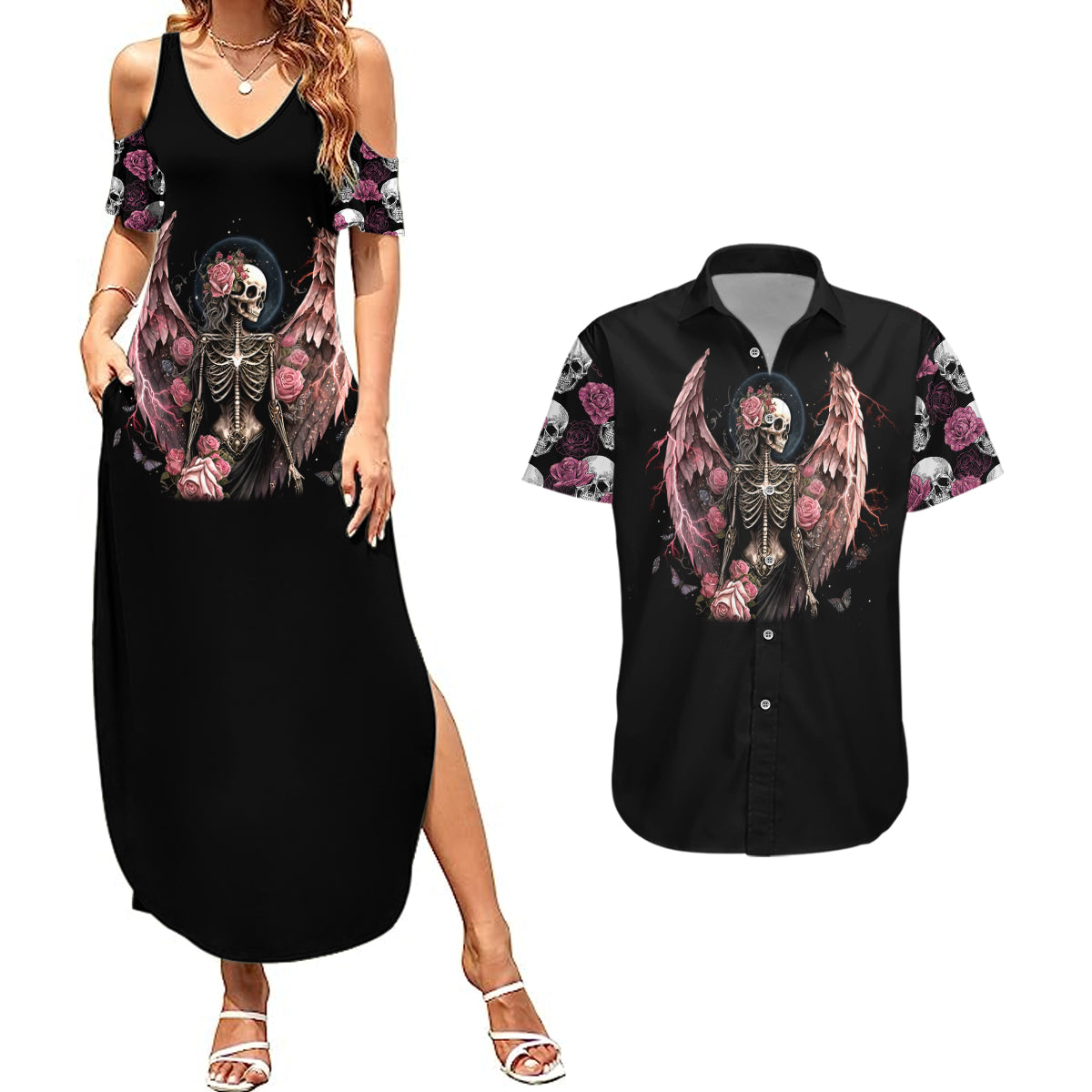 Angel Skull Couples Matching Summer Maxi Dress and Hawaiian Shirt She Whispered Back Iam The Storm - Wonder Print Shop