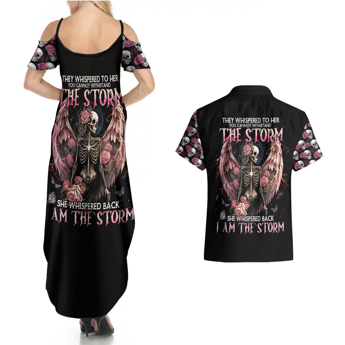 Angel Skull Couples Matching Summer Maxi Dress and Hawaiian Shirt She Whispered Back Iam The Storm - Wonder Print Shop
