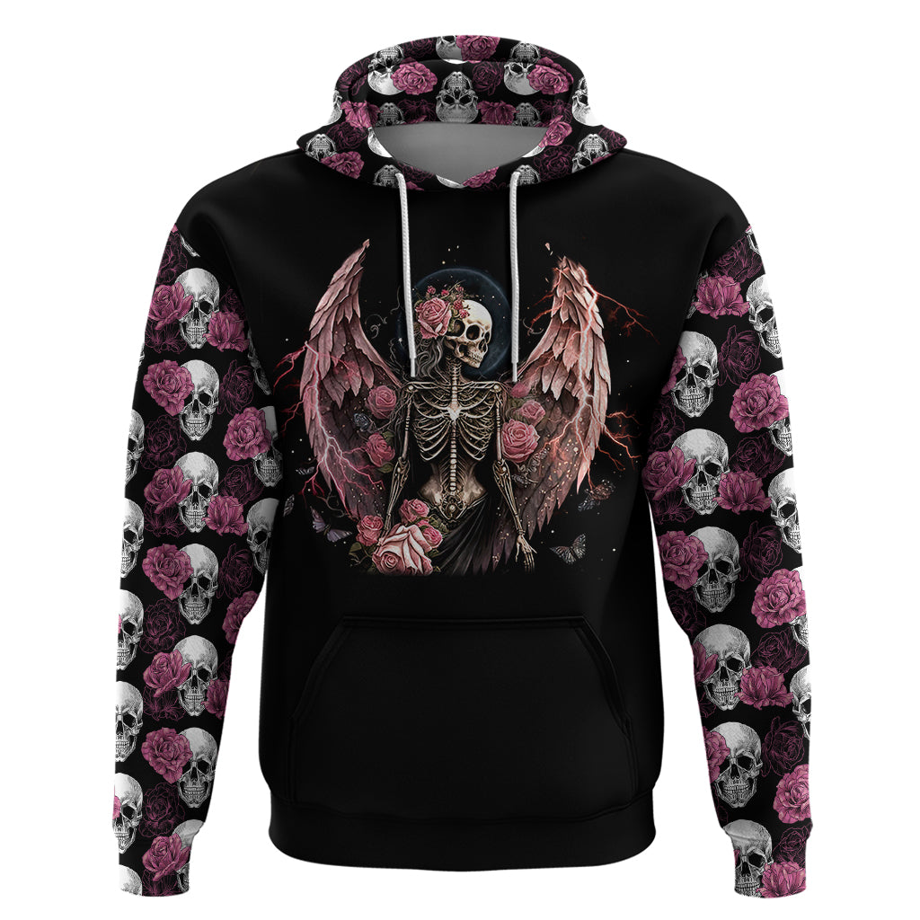 Black pullover hoodie, front angel skeleton print with rose skull pattern sleeves.