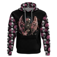 Black pullover hoodie, front angel skeleton print with rose skull pattern sleeves.